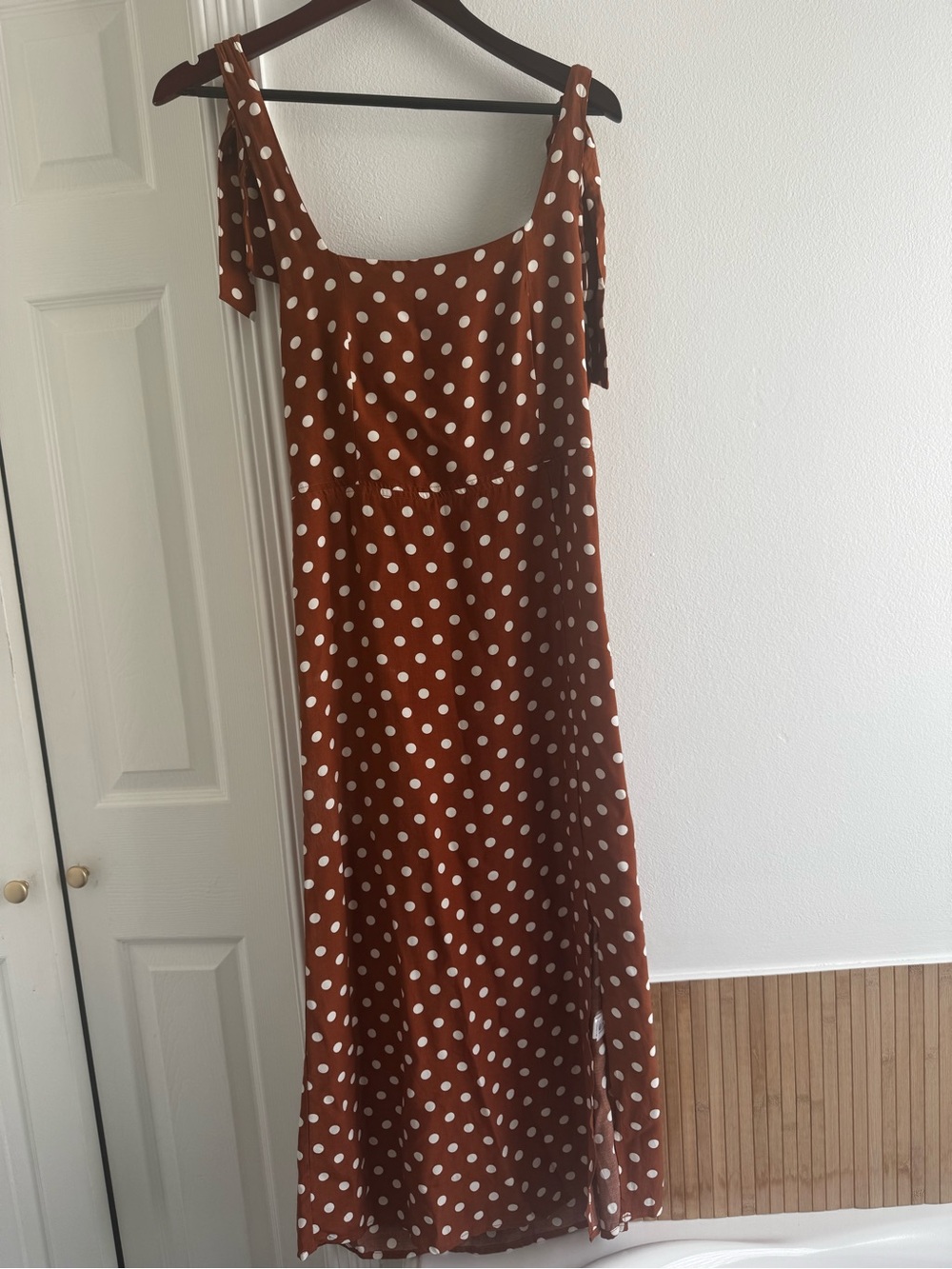 French-brand An’ge Polka Dot Tie-Shoulder Midi Dress - Brown/White